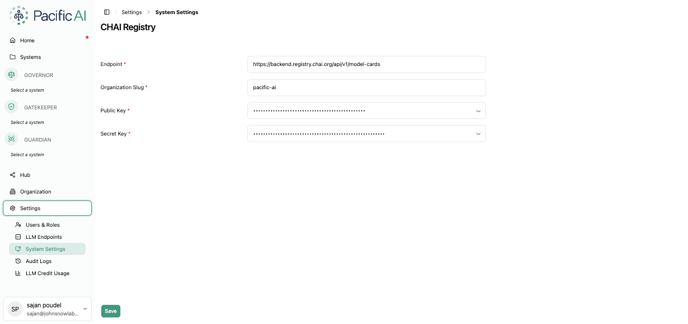 CHAI Registry Settings